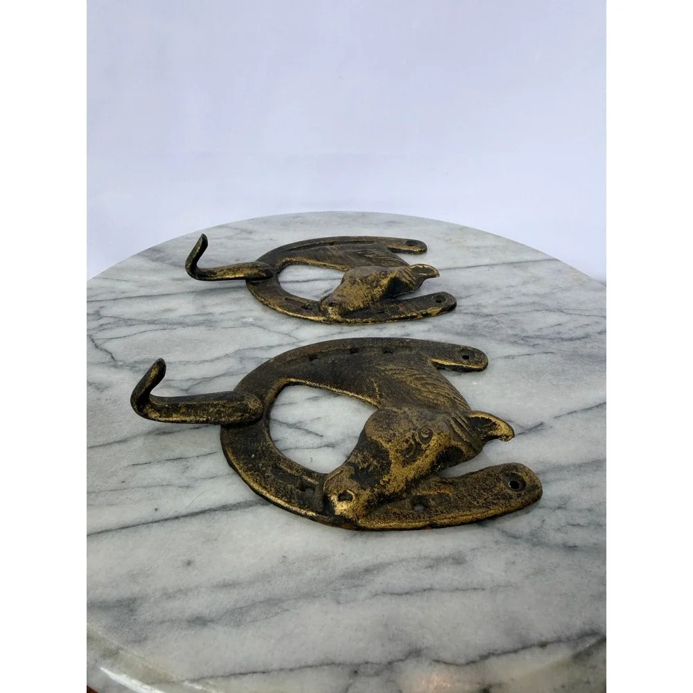 Vintage Metal Horse Head Horseshoe Wall Hooks Pair Rustic Western Coat Rack